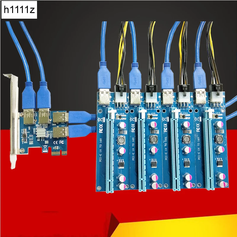 New 1 to 4 PCIe PCI-E Riser Card PCI Express 1x to 16x USB 3.0 Data Cable SATA to 6Pin Power Supply for BTC Miner Machine Mining