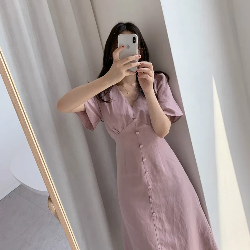 Long Dresses with Buttons Summer Women Elegant Sexy A- Line V Neck Short Sleeve Slim Waist Cotton Solid Color