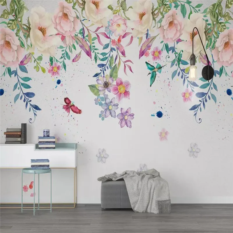 

Nordic small fresh hand-painted floral background wall professional production wallpaper murals custom poster photo wall