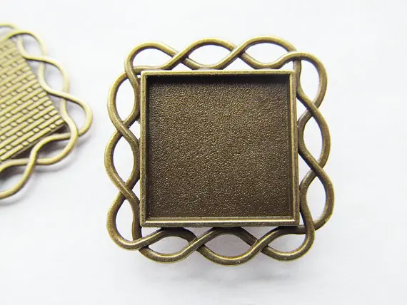 50pcs Antique Silver tone/Antique Bronze Twist Border Base Setting Tray Bezel Pendant Charm,fit 20mm Square Cabochon/Cameo