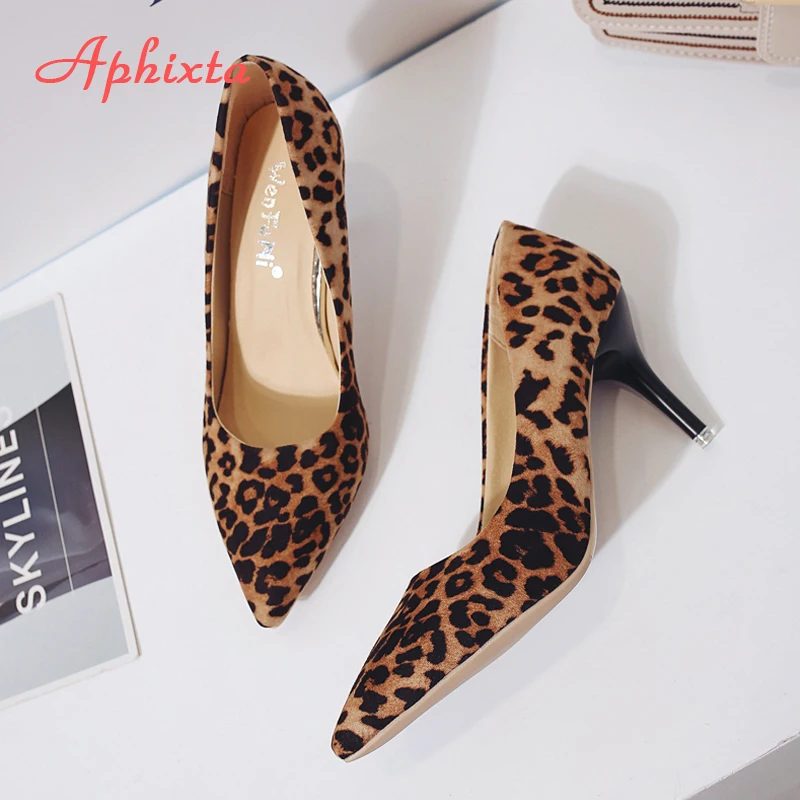 Aphixta Leopard Shoes Woman Heels Pumps High Nude 8cm Thin Heels Wedding Shoes Party Ladies Shoes Classic Pumps Big Size 44