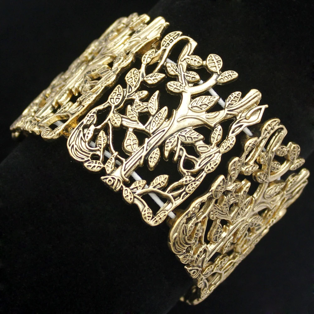 Vintage Hollow Wide Bracelet Elastic Bangle For Women Fashion Gold Color Leaves Bracelets Greek Wristband Jewelry Accessories