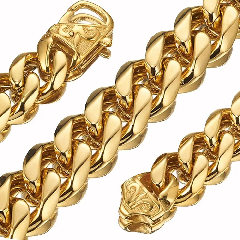 12/15mm Gold Tone Curb Cuban Stainless Steel Boys Mens Chain Necklace Fashion Jewelry