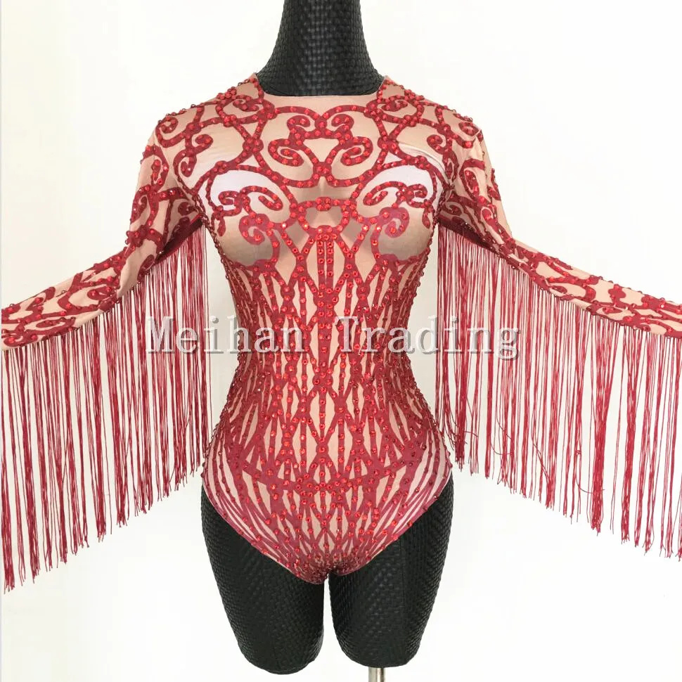 Tinh Thể màu đỏ Tua Bodysuit Phụ Nữ Hộp Đêm Mừng Sân Khấu Quần Áo Kim Cương Giả Đầy Đủ Leotard Trang Phục Nữ Ca Sĩ Mặc