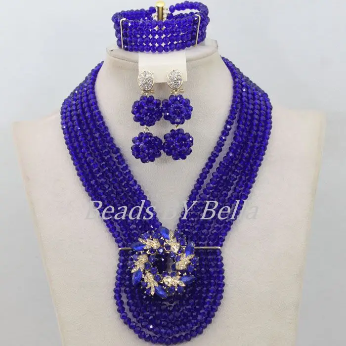 New Royal Blue African Beads Jewelry Set Nigerian Wedding Crystal Beads Necklace Bridal Lace Jewelry Sets  ABF521