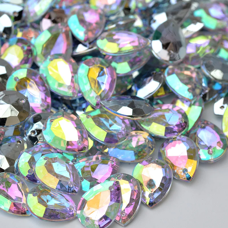 JUNAO 18*25mm 100pcs Sew On Mix Color AB Crystals Drop Rhinestone Applique Pointback Large Acrylic Gems Crystal Stones for Dress