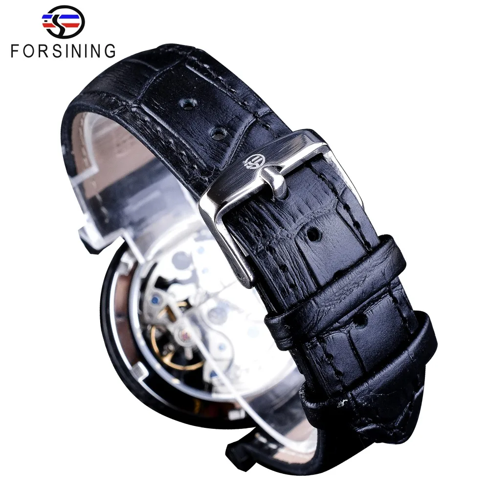 Forsining Fashion Silver Movement Skeleton Watches Blue Luminous Hands Leather Men\'s Mechanical Wristwatch Waterproof Male Clock