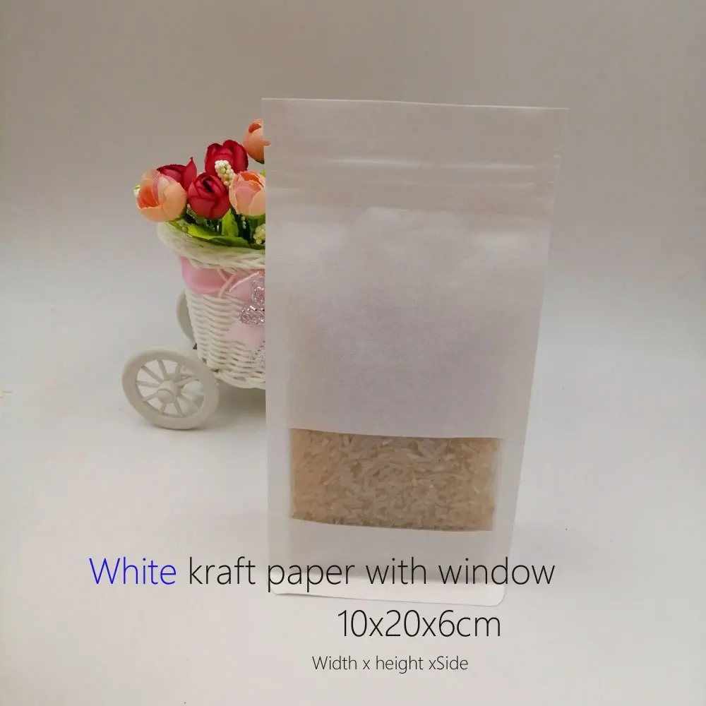 50pcs/lot White Kraft Paper Bag For Gifts Christmas Food Tea Candy Zip Lock Kraft Paper Bag With Window Stand Pouch Zipper Bags