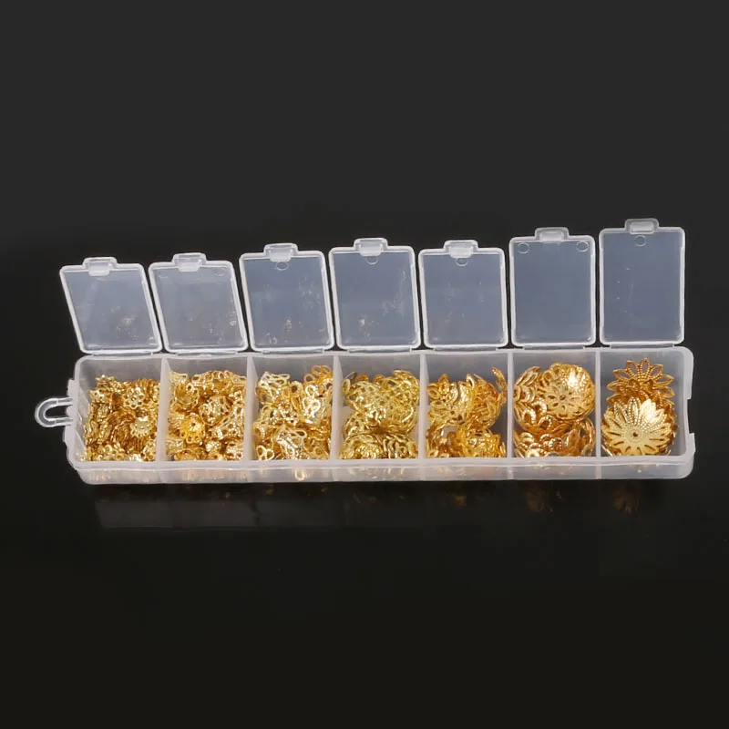 300Pcs 6-16Mm Rhodium/Vergulde Hollow Flower Bead Caps Box Sieraden Maken Kit Filigraan Cup set Diy Tassel Charms Accessoires