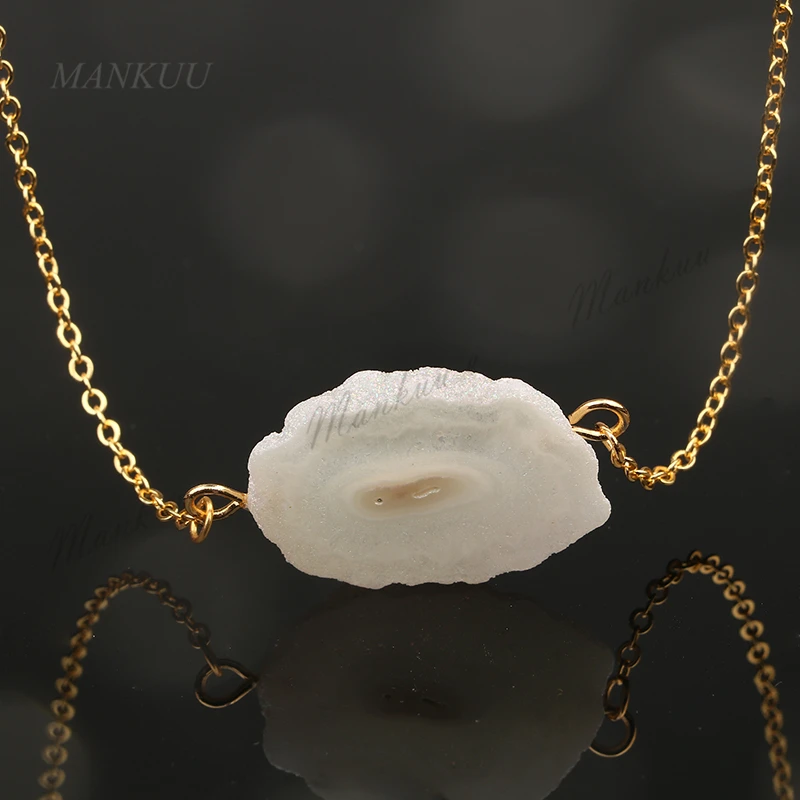 

Gold Chains Necklace with White Agates Druzy Geode Double Bails Pendant Irregular Shape Natural Stone DN208
