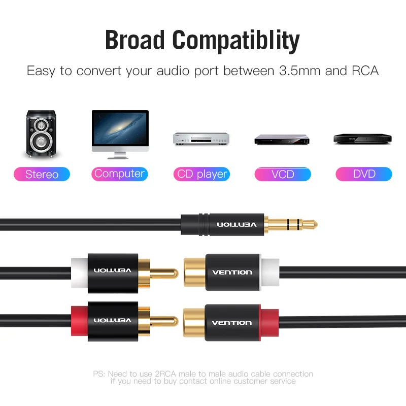 Vention 3.5mm męski do 2RCA żeński AUX Cable RCA Jack Splitter Audio Y kabel do iPhone głośnik komputerowy Stereo kabel 3.5 RCA