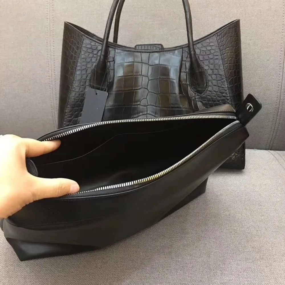 2018 latest Luxury top quality genuine crocodile belly skin women tote handbag big size top handle shop bag with zipper closure