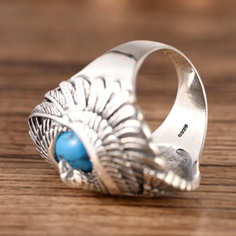 100% Real 925 Sterling Silver Ring with Natural Turquoises  Hand Carved Eagle Wings Rings for Unisex Thai Silver Jewelry