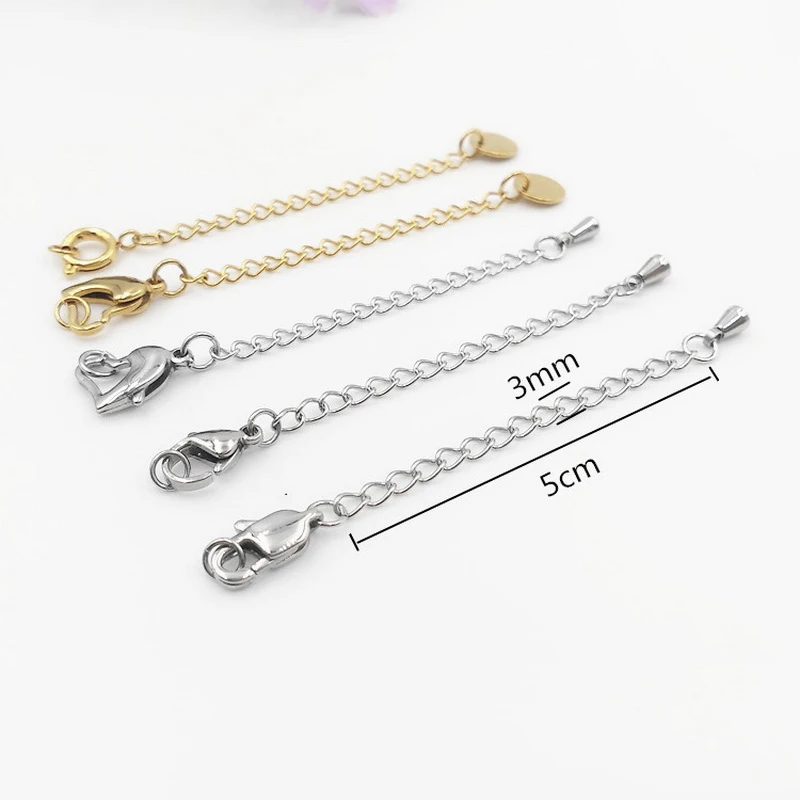 50pcs/lot Wholesale Stainless Steel Heart Lobster Clasp With Extender Chain For Jewelry DIY Making Connector Accessories