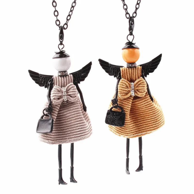 Winter Crystal Doll Wing Necklace Dress Handmade French Doll Pendant Sweater Chain Necklace 2017 News Girl Women Flower Jewelry