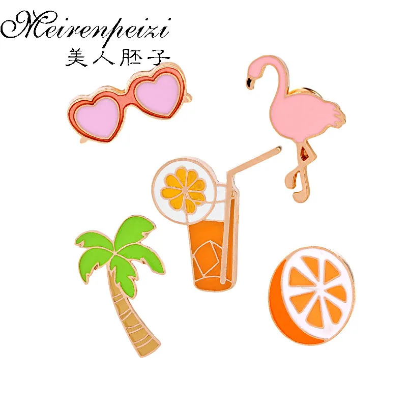 Enamel Pins Orange Juice Coconut Tree Flamingo Animal Brooches For Women Pins Jewelry K-POP Badges Backpack  Accessories