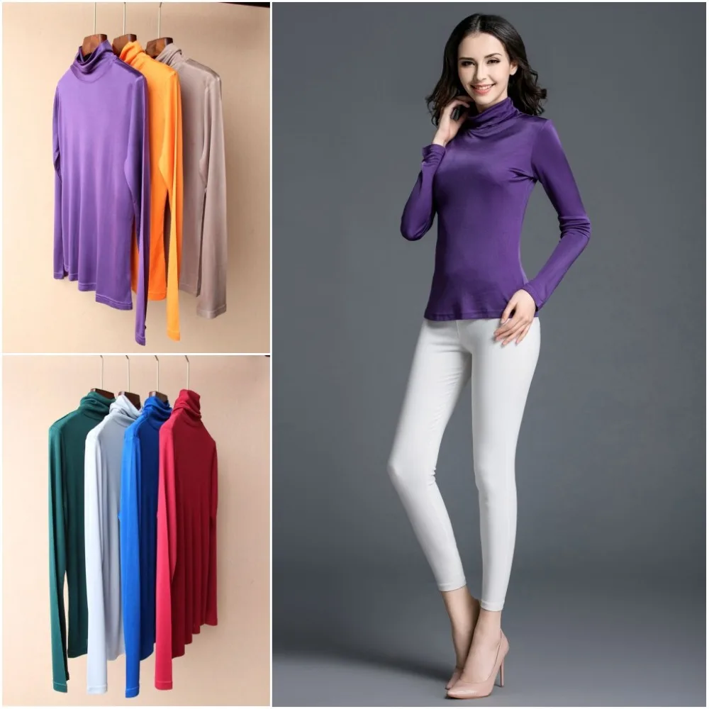 

Autumn Spring And Winter Models 100% Natural Silk T Shirt Female Knitting Long-Sleeved High Collar Lapel Clothing