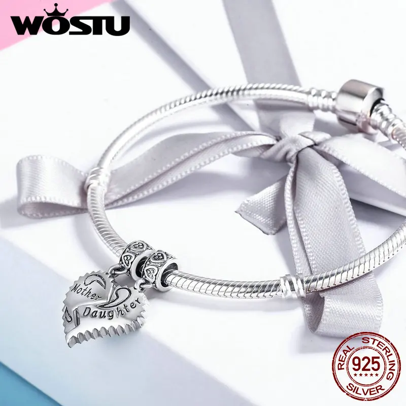 WOSTU New 100% 925 Sterling Silver Mother & Daughter Love Forever Dangle Bead fit original WST charm Bracelet Pendant FIC427