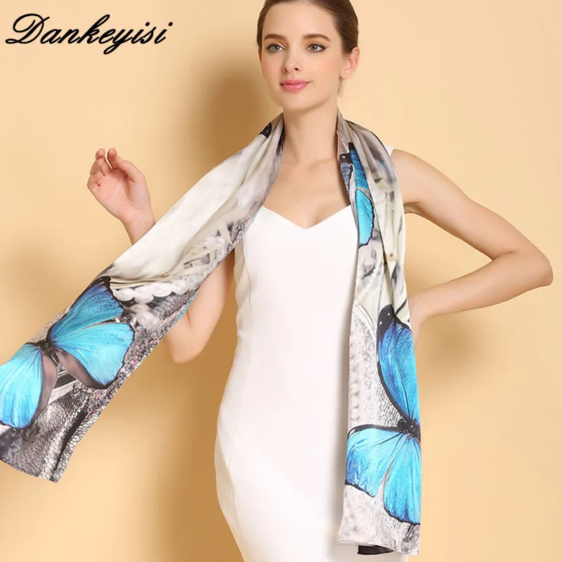 DANKEYISI Women Silk Scarf Shawl Spring Autumn Female Genuine Long Pure 100% Silk Scarf Women Printed Shawls Beach Cover-ups