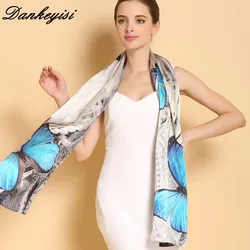 DANKEYISI Women Silk Scarf Shawl Spring Autumn Female Genuine Long Pure 100% Silk Scarf Women Printed Shawls Beach Cover-ups