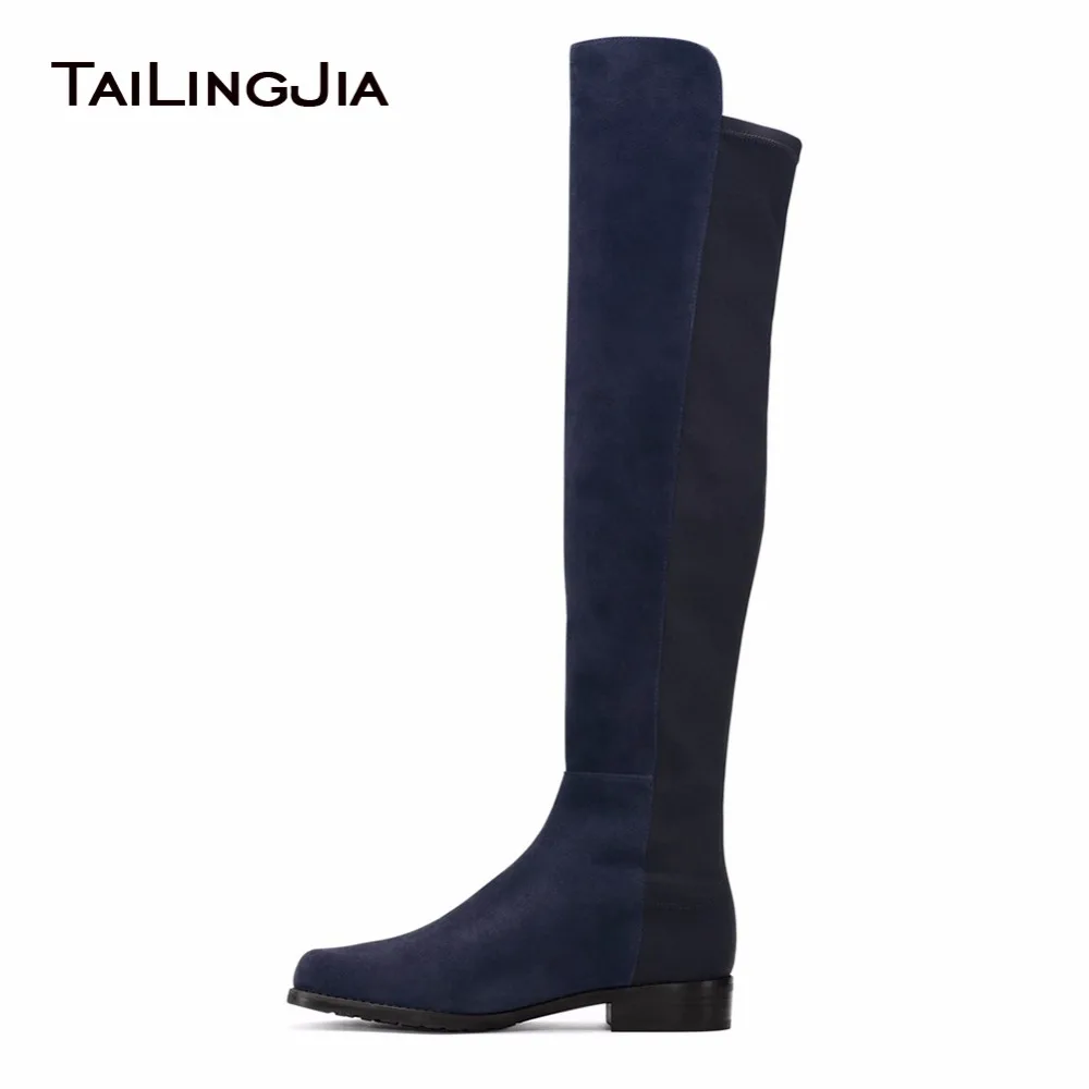 Blue Lycra Mixed Faux Suede Flat Woman Knee Ladies Boots Round Toe Slip On Winter Keep Warm Long Boots With Stretching