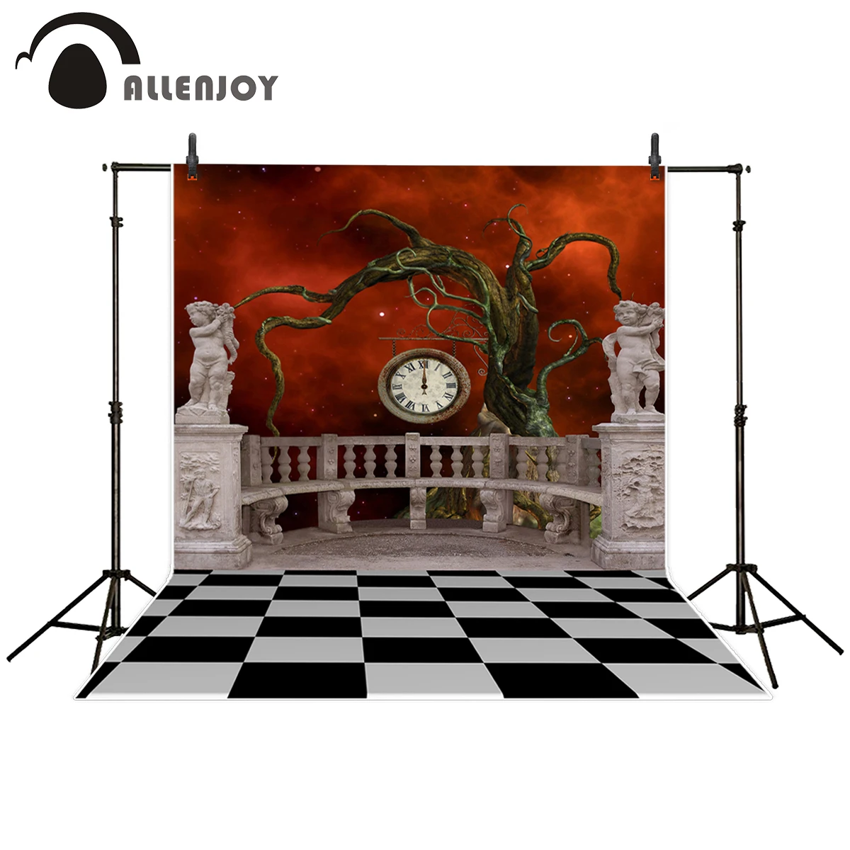 Allenjoy photography backdrop Strange dead tree clock statue red star sky black white grid ground background camera fotografica