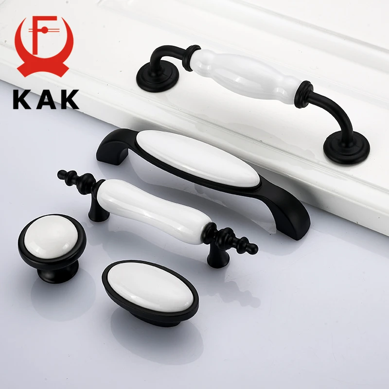 KAK Ceramic Black White Cabinet Handles Drawer Knobs Zinc Alloy Wardrobe Door Handles Pulls Simple European Furniture Handle