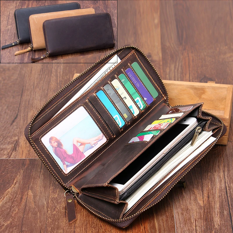 

Vintage Crazy horse Genuine Leather Wallet Men Purse Leather Men Wallet Long style Clutch Bag Male wallet zip around