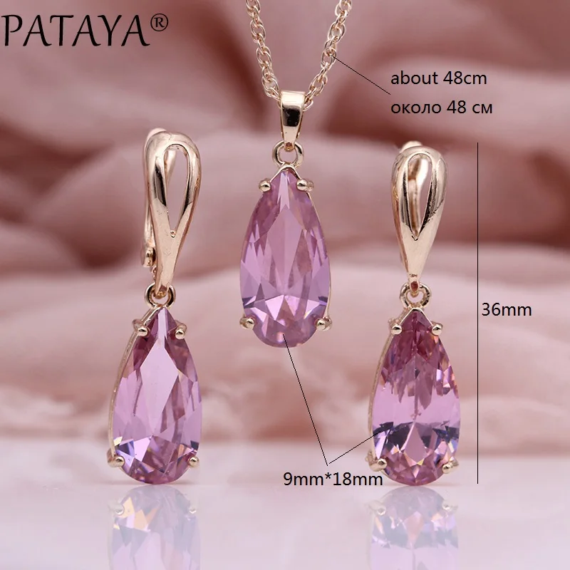 PATAYA New Blue Water Drop Earrings Pendants Necklaces Sets 585 Rose Gold Color Natural Zircon For Women Fashion Jewelry Set