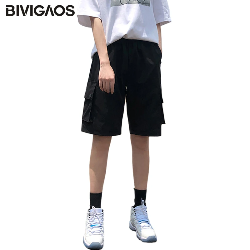 BIVIGAOS Pocket Cargo Shorts Women Summer Loose Straight Casual ShortPants High Waist Handsome Tide Sports Knee Length Shorts