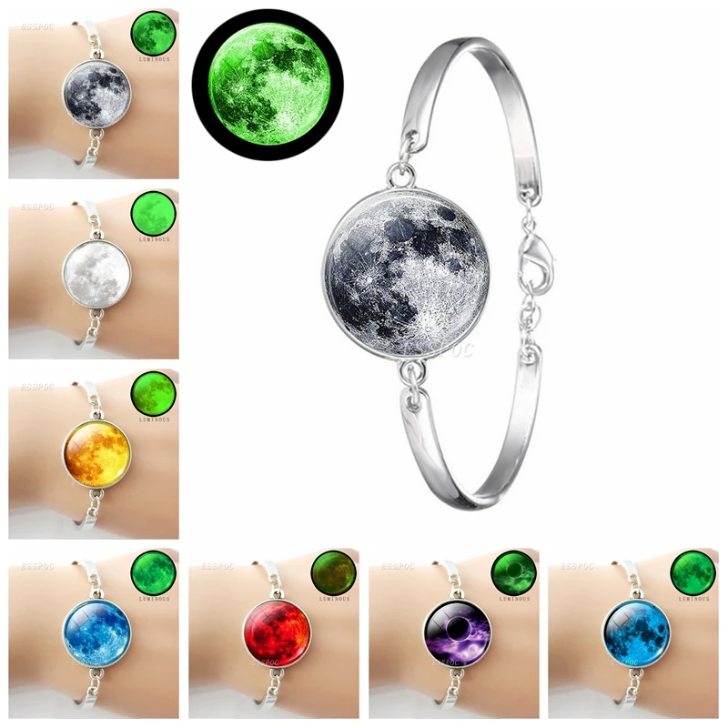 Luminous Full Moon Bracelet Glow In The Dark Full Moon Glass Cabochon Charm Bracelet Handmade Jewelry for Women