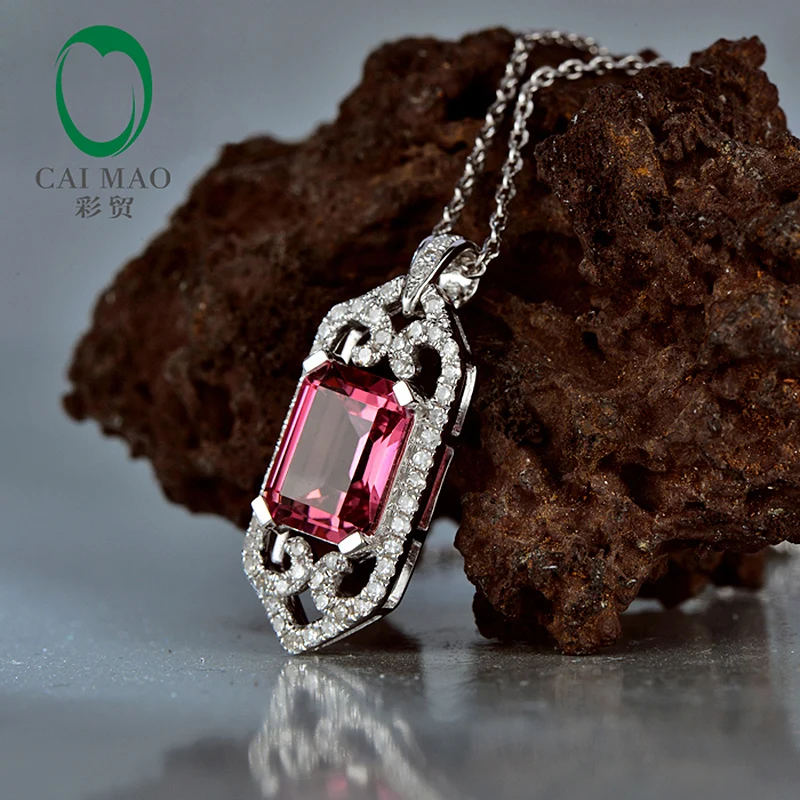 Caimao 2.26ctw 7x9mm Emerald Cut Pink Tourmaline 14Kt White Gold Natural Diamond Charming Pendant for elegant lady