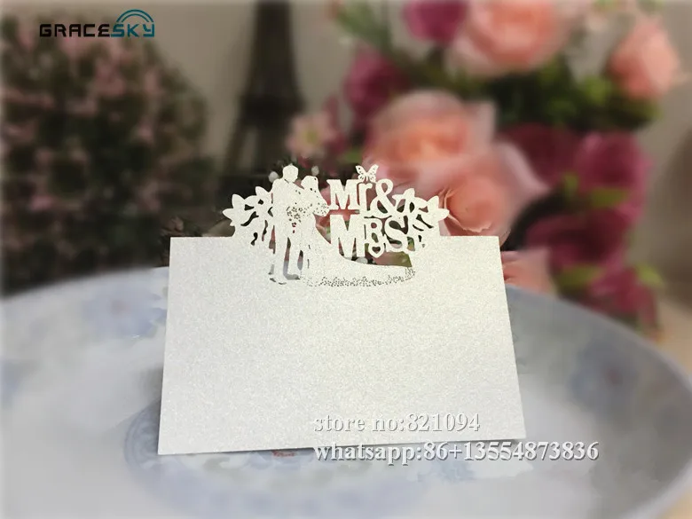 50pcs free shipping Mr Mrs Husband and wife laser cutting paper Name Place Wedding invitation Table Cards for Party home Decor.