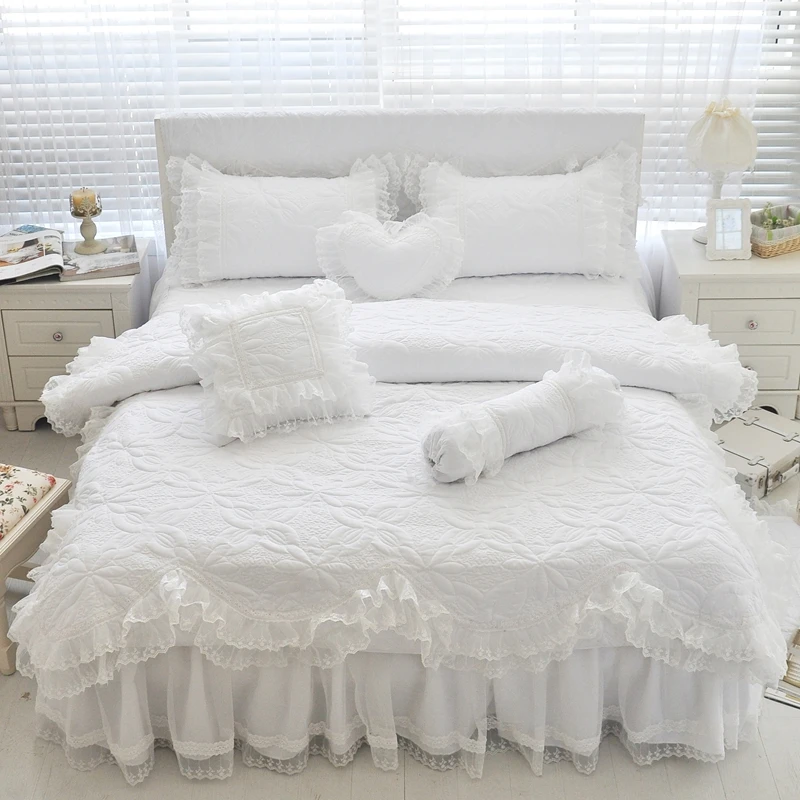 100%Cotton Thick Quilted Lace White Bedding set Girls Pink Princess King Queen Twin size Bed set Ruffle Bed skirt set Pillowcase