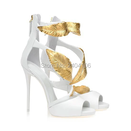 Zapatos Mujer Gold Leaf High Heeled Sandals Summer Shoes Woman Black White Peep Toe Party Pumps Platform Gladiator Sandalias