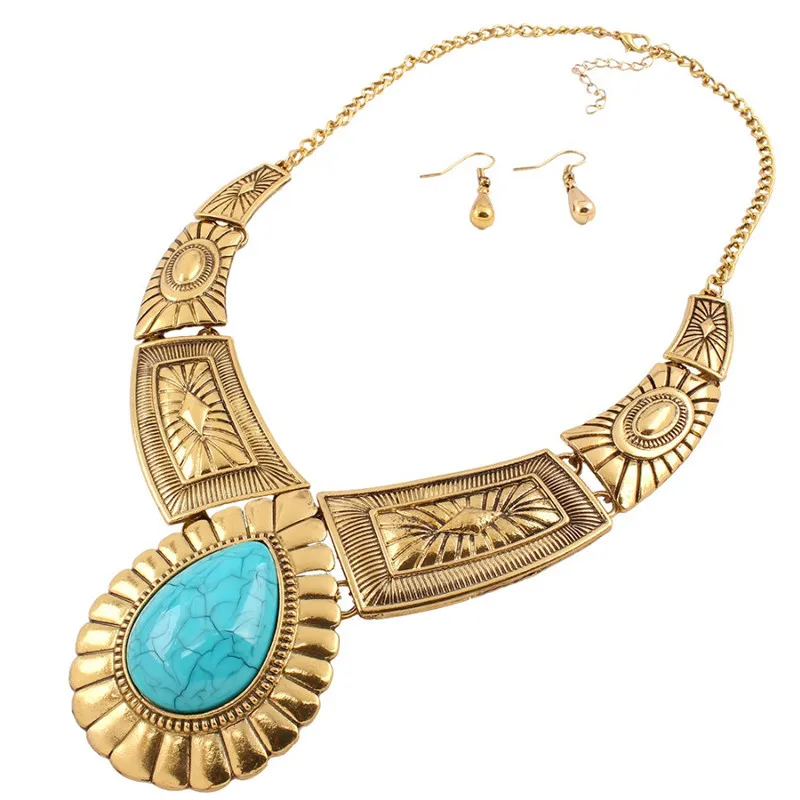 Vintage Indian Jewelry Set Women Alloy Choker Resin Punk Necklace Earring Set Statement Pendant Chain Necklace Set Duftgold