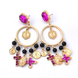 Fashion Hot Pink Rhinestones Baroque Retro Earrings Jewelry European Fashion Cross Drop Women Big Baroque Earring Jewelry