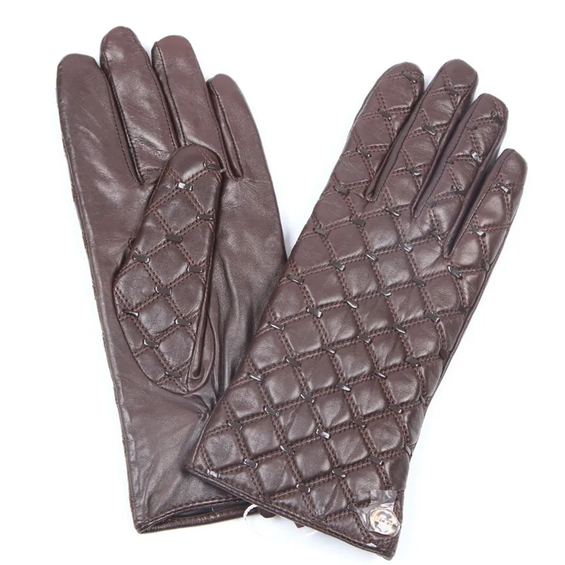

Genuine Leather Woman Gloves Autumn Winter New Imported Sheepskin Classic Checkered Embroidery Female Driving Mittens EL037NN