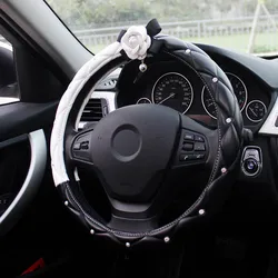 Diamond Crystal White Camellia Flower Car Interior Decoration Steering Wheel Covers Leather Car Styling Rhinestone Car Covered