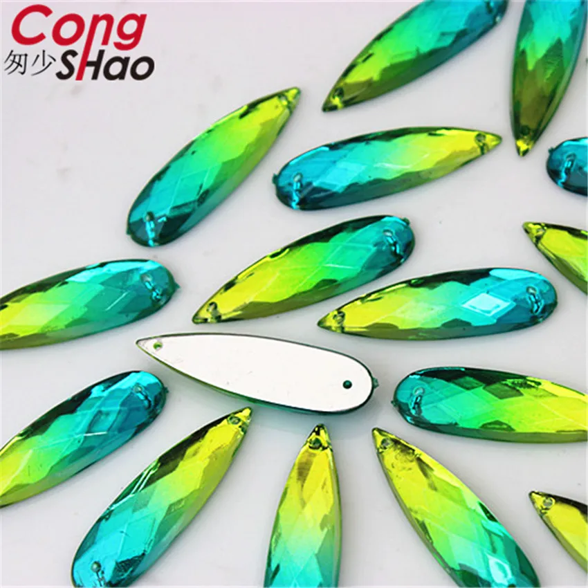 Cong Shao 100pcs 8*28mm Drop Dual color stones and crystals Acrylic rhinestone trim flatback sewing 2 Hole costume Button CS119