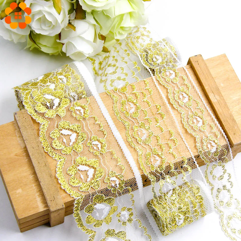 10Yards 3 Sizes Gold Embroidered Lace Ribbon Soft Net Lace Trim Fabric Handmade DIY Sewing Decoration Wedding Party Supplies