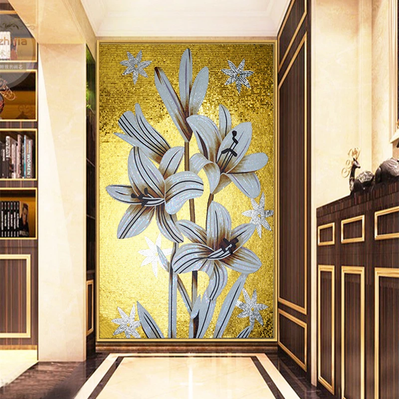 

High end Lily Imitated Gold Glass Mural Mosaic tile wall decoration, can be customized size/color/design