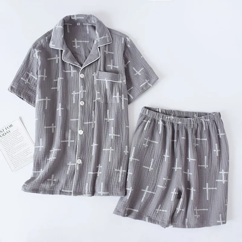 Pijama de 100% para hombre, ropa de dormir de algodón de manga corta, ropa de verano arrugada, suelta y de ocio, de talla grande