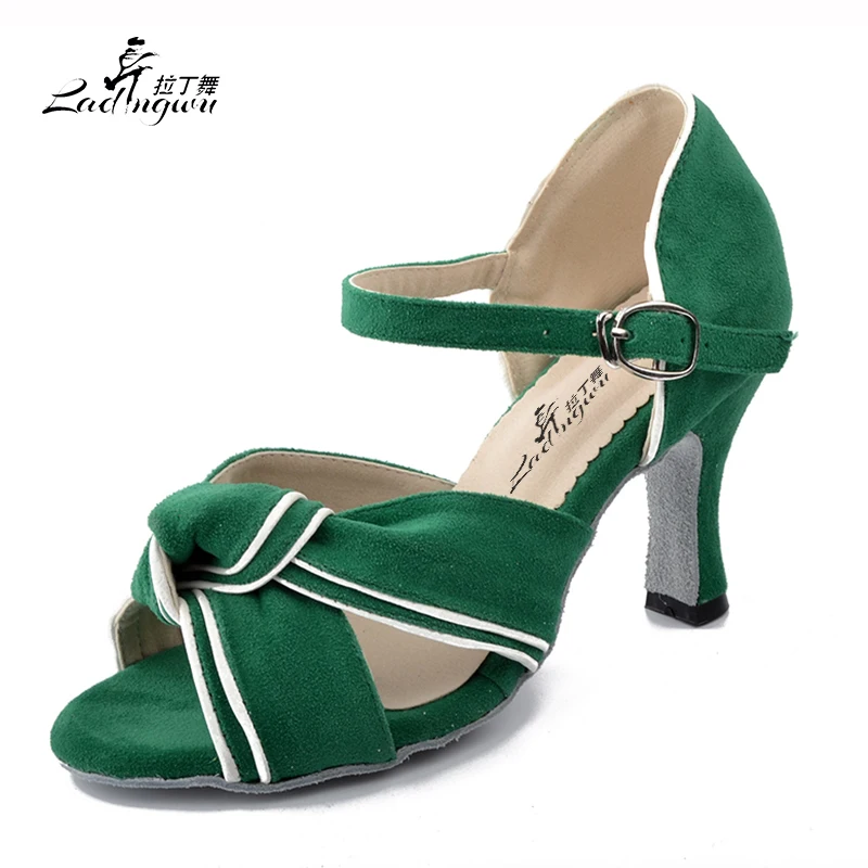 

Ladingwu Green Flannel Women's Sandals Ballroom Party Performance Salsa Latin Dance Shoes Heel 6cm/7.5cm/8.3cm Numbering 7127