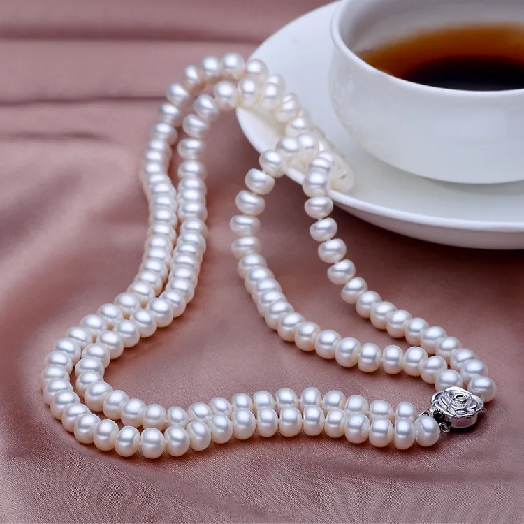 noble women gift Jewelry  Clasp Fine 9-10MM 100% Natural Real 2ROW Freshwater Pearl Necklace