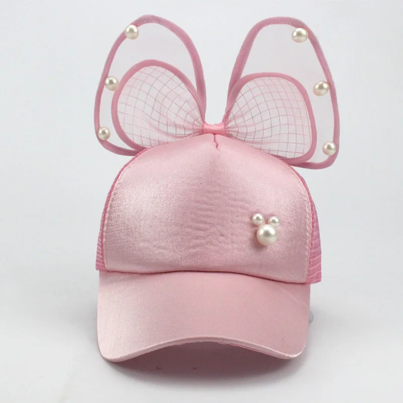 Big Bow Fashion Summer Kids Black White Pink Lace Floral ear Baseball Caps With Pearl Children Sun Hats Princess Mesh cap 2018