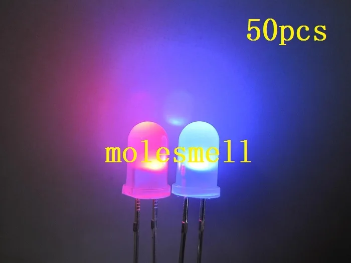 50pcs 5mm Dual Bi Color Polar Changing diffused Red/blue Led diffused Leds 2-Pin led big/wide angle led