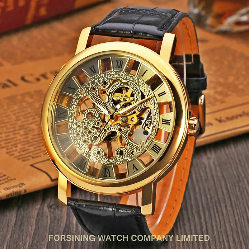 Reloj mecánico con esfera grande para hombre, pulsera automática de cuero transparente, Steampunk, winner, marca de lujo