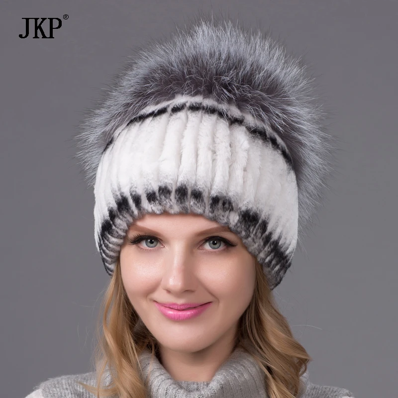 

JKP Fashion Real Rex Rabbit Fur Hat Female Winter Thick Warm Knitted Caps Women's Natural Fox Fur Earflap Hat THY-09