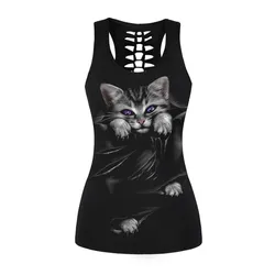 Summer Style Women 3D Cute Cat Printed Black Tank Tops O Neck Sexy Back Hollow Out Sleeveless Shirts Slim Fitness Black Vests